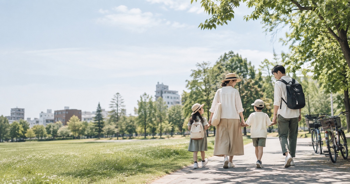 夏季札幌親子慢遊意象圖，一家人在綠意街區與公園間輕鬆散步，呈現溫暖舒適的北海道家庭旅行氛圍。